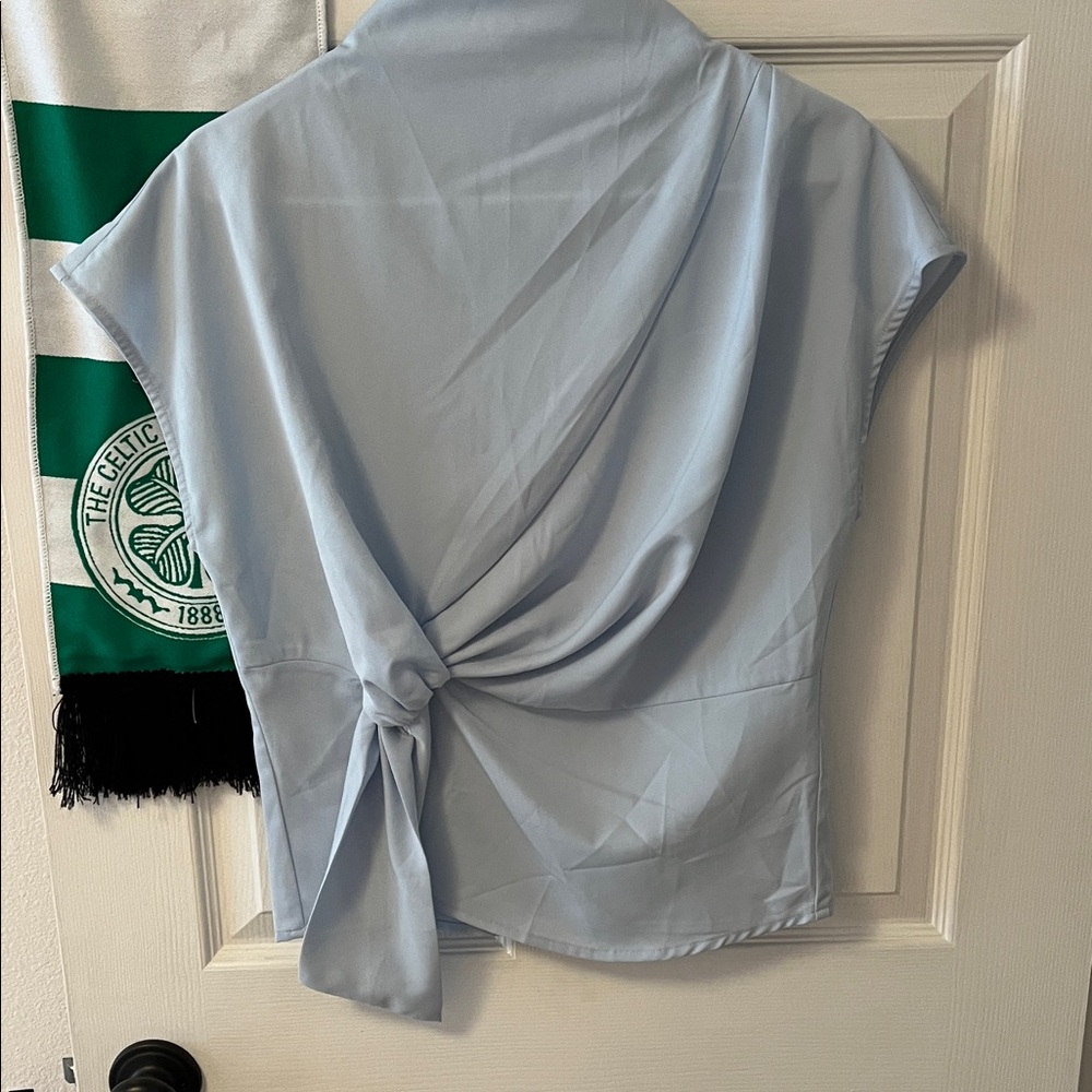 Cider Light Blue Knot-Front Cap Sleeve Blouse